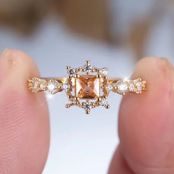 NEW 14k Gold Champagne Princess Cut Diamond Ring Dainty Band - Picture 1 of 7